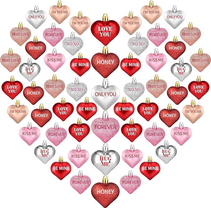 30Pcs Valentine's Day Heart Shaped Ornaments with Sweet Love Words, 10 Styles Valentine Heart Ornaments for Tree, Red Pink Glitter Valentine's Hanging Decorations for Wedding Anniversary