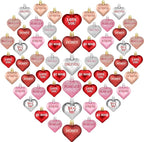 50Pcs Valentine's Day Heart Shaped Ornaments with Sweet Love Words, 10 Styles Valentine Heart Ornaments for Tree, Red Pink Glitter Shaped Valentine's Hanging Decorations for Wedding Anniversary