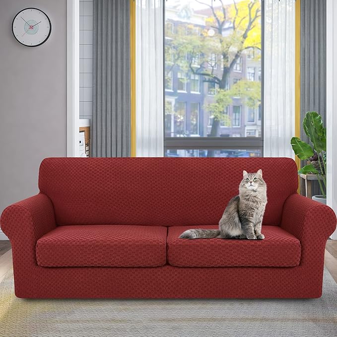 YEMYHOM Latest Checkered 3 Pieces Couch Covers for 2 Cushion Couch High Stretch Sofa Cover with 2 Extra Large Seat Cushion Covers Anti Slip Elastic Slipcovers (Christmas Wine Red), 71"-91"(2 CUSHIONS)