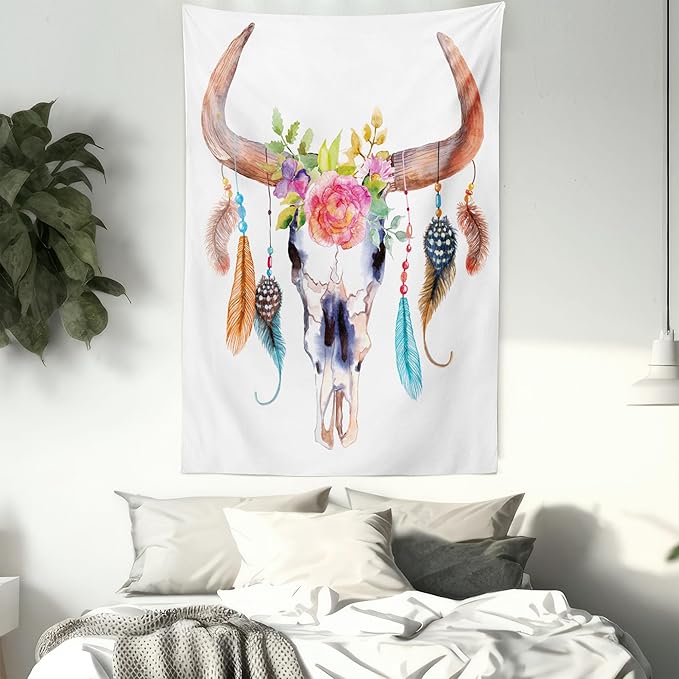Ambesonne Feather Tapestry, Watercolor Style Bull Skull Ornaments Vibrant Image, Wall Hanging for Bedroom Living Room Dorm Decor, 40" X 60", White Brown