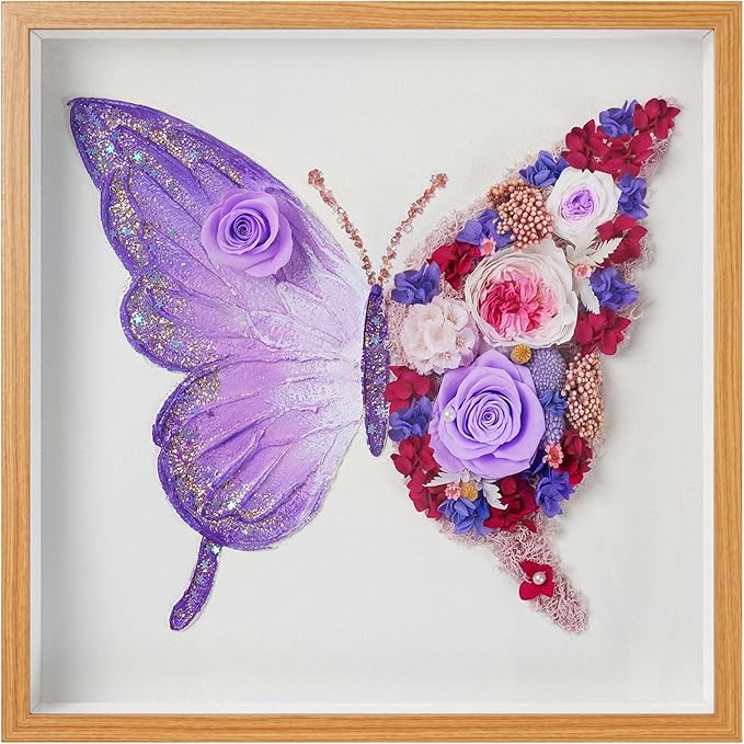 ADDWel Preserved Rose Butterfly Shadow Box - Romantic Valentine's Day Gifts for Mom Wife Girlfriend, 12x12 Handmade Forever Flower Wall Art, Unique Anniversary Birthday Purple Gifts