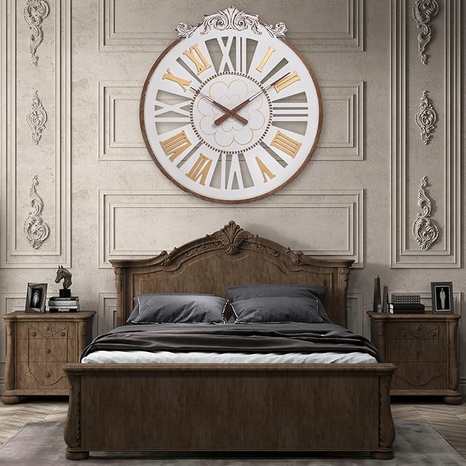 24 Inch Large Farmhouse Wall Clock - Rustic Antique Wood with Metal Circle & Engraved Numerals, Silent Battery Operated Clock for Living Room, Office, Kitchen, Bedroom