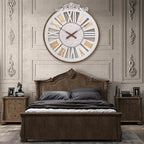 24 Inch Large Farmhouse Wall Clock - Rustic Antique Wood with Metal Circle & Engraved Numerals, Silent Battery Operated Clock for Living Room, Office, Kitchen, Bedroom