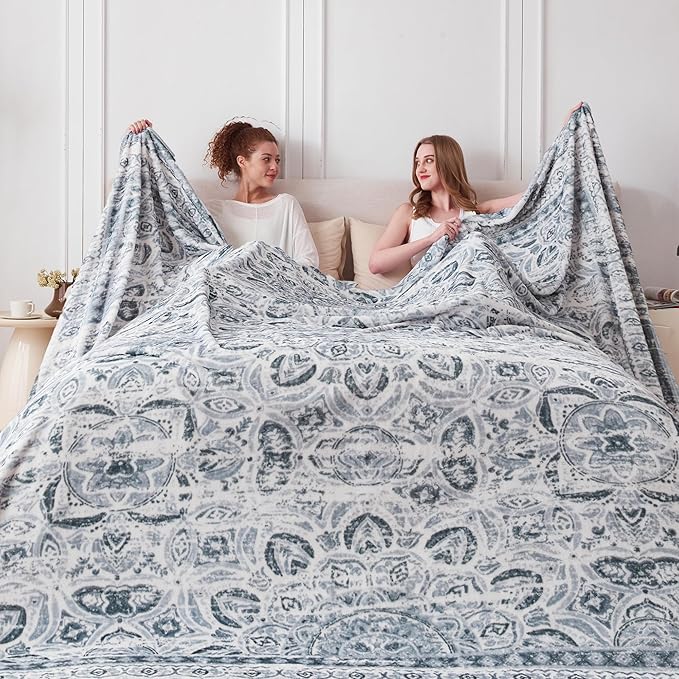 Oversized Vintage Pattern Blanket 120x120 Inches, Giant 10'x10' for Bed, Travel, and Camping, Extra Large Soft Blanket for The Whole Family and Outdoor, Grey