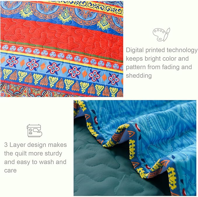 Exclusivo Mezcla Reversible Boho Quilts King Size, Blue Bedspreads Lightweight Coverlet All Season Bohemian Quilt Bedding Set with Printed Floral Pattern (1 Quilt, 2 Pillow Shams)
