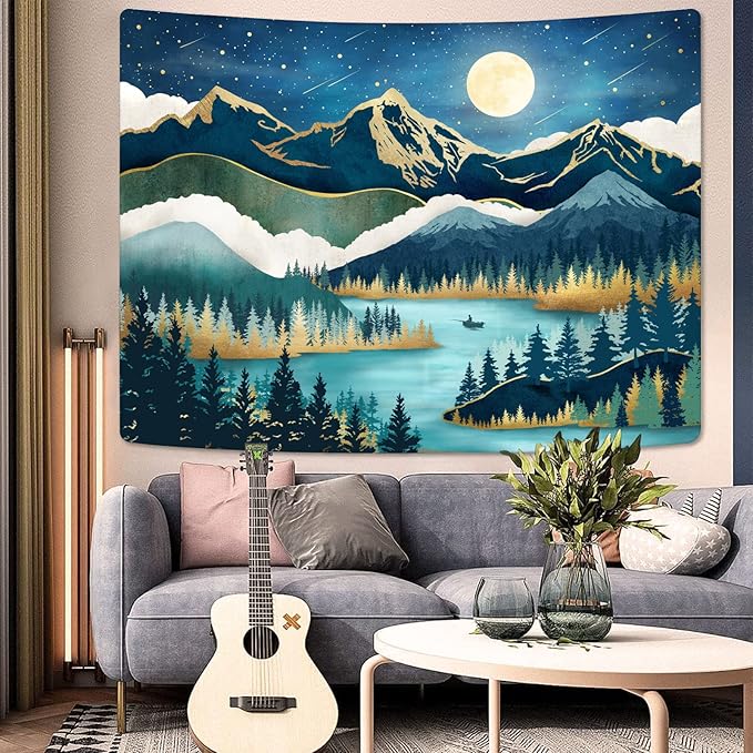 Accnicc Mountain Tapestry Nature Forest Tree Tapestries for Bedroom Aesthetic Starry Night Moon Stars Tapestrys Wall Hanging Teal Abstract Wall Tapestry for Dorm Living Room (Teal, 48'' × 36'')