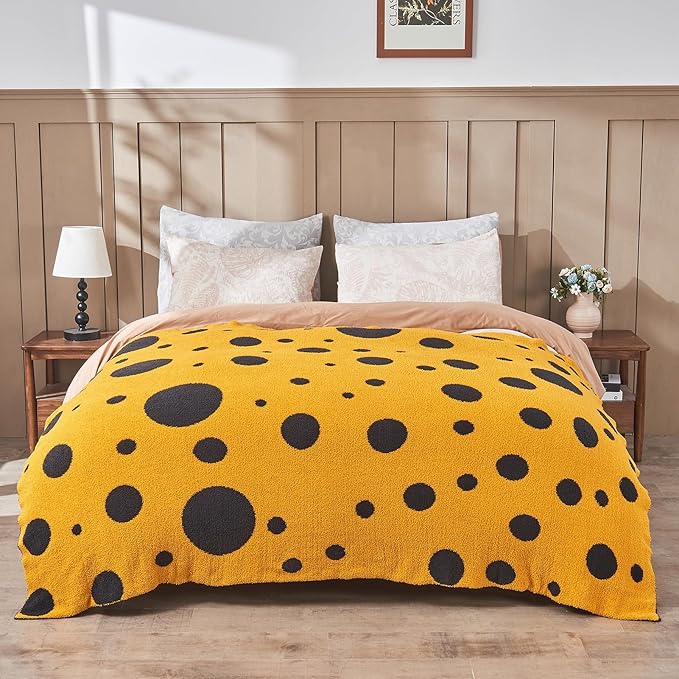 CozeCube Super Soft Fullfy Microfiber Reversible Knitted Blankets, Warm Cozy Fuzzy Plush Throw, Black and Yellow Polka Dot Throw Blanket for Couch Bed Sofa, 60" x 80"