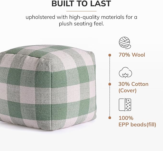 Anji Mountain 100% Handmade & Handcrafted Comfortable Home Décor Pouf Ottoman Footrest for Living Room, Bedroom, Nursery, Kidsroom, Patio Furniture - (20" x 20" x 20"- Green,Ivory)