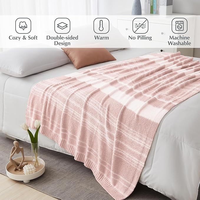 WRENGONGE Pink Twin Blanket, 60x80 Soft Cozy Microfiber Striped Twin Blankets for Couch, Sofa, Bed, Travel, Lightweight Fluffy Warm Plush Decorative Blankets for Women, Men Gift