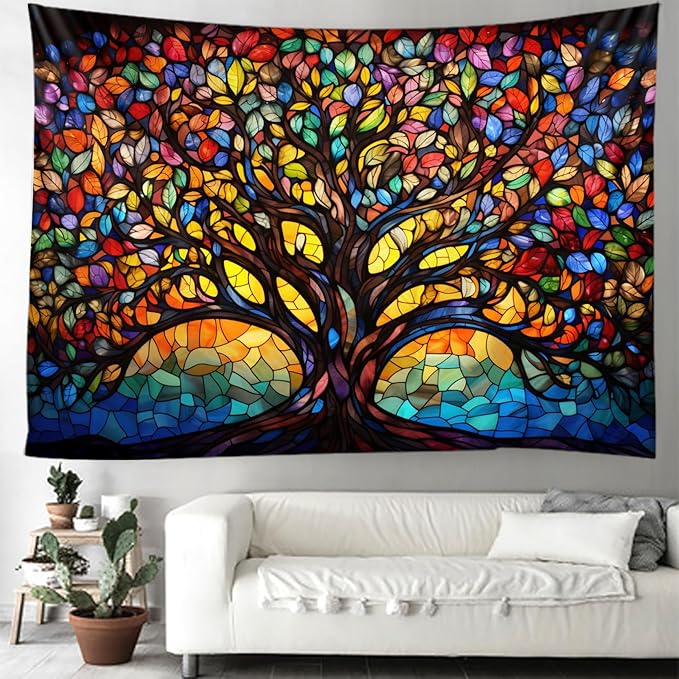 Tree of Life Wall Hanging Decor Tapestry with Stained Glass Colorful Wall Art Large Tapestry Mural Decor Photograph Backdrop Blanket Curtain Home Bedroom Living Room Decoration