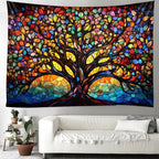 Tree of Life Wall Hanging Decor Tapestry with Stained Glass Colorful Wall Art Large Tapestry Mural Decor Photograph Backdrop Blanket Curtain Home Bedroom Living Room Decoration