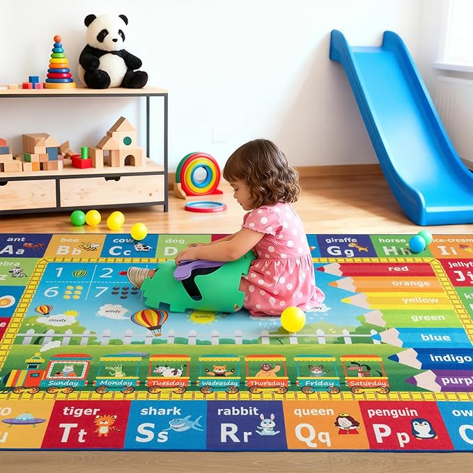 ST. BRIDGE Educational Kids Area Rug 8x10 Feet, Non Slip Play Mat Learning with ABC Alphabet, Numbers & Animals for Preschool Toddler, Soft Washable Carpet for Playroom Nursery Classroom Bedroom