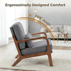 Simple Deluxe Mid-Century Modern Wood Accent Chair & Cozy Reading Chair, Upholstered Living Room Chair with Waist Cushion, Solid Wood Chair with Pillow for Bedroom, Grey