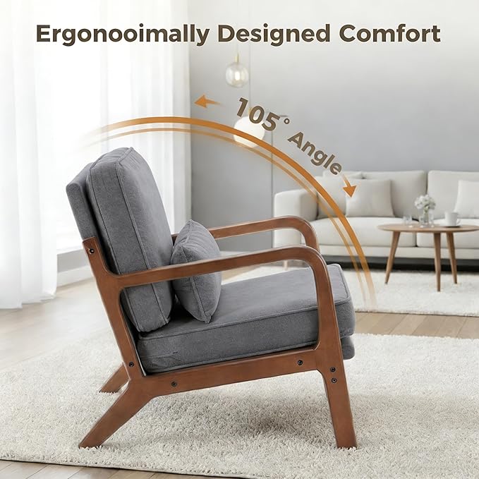 Simple Deluxe Mid-Century Modern Wood Accent Chair & Cozy Reading Chair, Upholstered Living Room Chair with Waist Cushion, Solid Wood Chair with Pillow for Bedroom, Grey