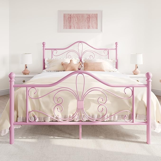SHA CERLIN Full Size Bed Frame for Kids,Metal Bed Frame with Butterfly Pattern Design Headboard and Footboard,No Box Spring Needed,Easy Assembly,Pink