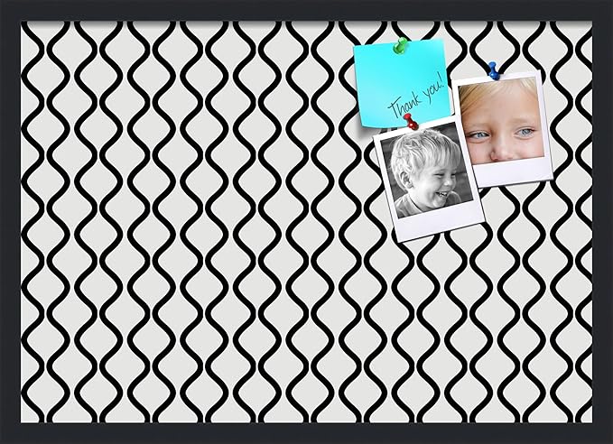 PinPix 27x19 Inch Cork Bulletin Board. This Decorative Framed Pin Board Comes with Black and White Waves Design and a Satin Black Frame. Ideal for Home Office Decor or Message Board (PinPix-194)