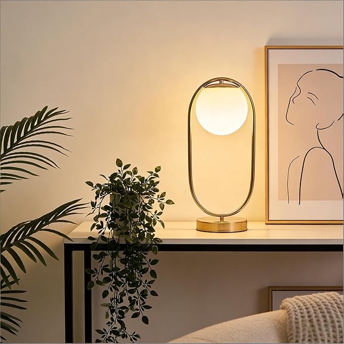 Mid Century Modern Table Lamp White Glass Shade Nightstand Lamp Small Gold Table Lamp for Bedside Bedroom Living Room Office
