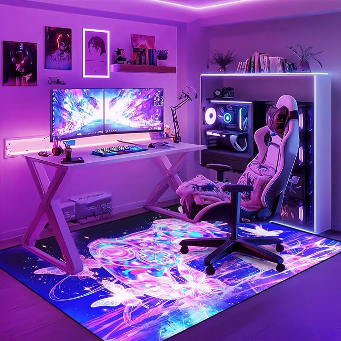 Dreamy Butterfly Rugs for Girls Bedroom Decor 3x5 ft Gamer Area Rug Non-Slip Gaming Floor Mat Purple-Pink Kids Rug Gaming Carpet for Girls Room,Dorms,Playroom & Apartment