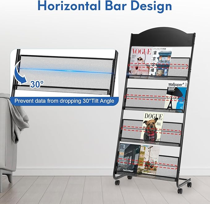 Granville Floor Brochure Stand Magazine Rack, Brochure Display Stand, 4 Pockets Magazine Holder Newspaper Stand with 4 Wheels (2 Lockable), Black
