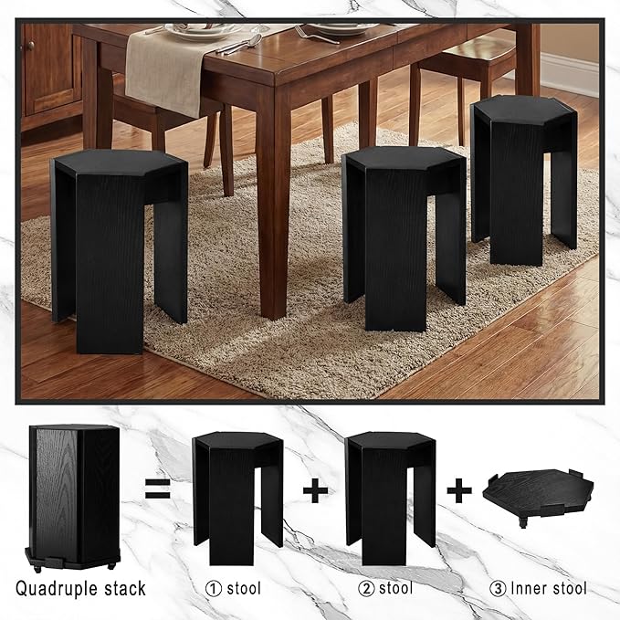 2-Pack Stackable Stools with Wheels | 18 Inch Nesting Side Tables for Living Room| Stackable Coffee Table | Wooden Chairs | No Tools Assembly |Side Coffee Tables for Easy Storage (Black)