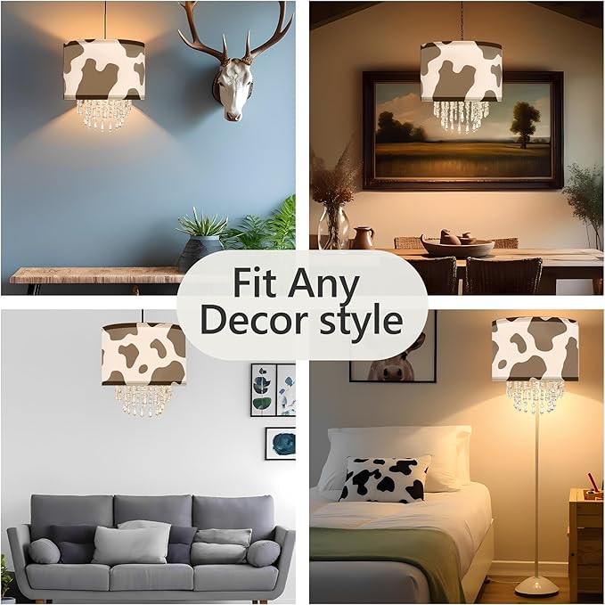 Black White Cow Print Lamp Shade with Acrylic Bead Droplets, Animal Drum Fabric Light Shade for Pendant Table & Floor Lamp, Cute Party Room Decor for Grandchild Kids Teens, 11.8in