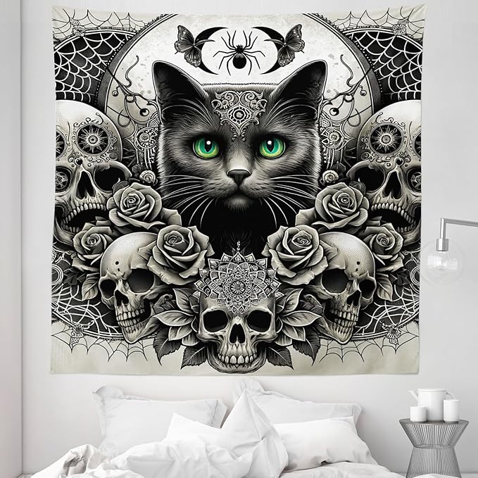 Ambesonne Gothic Tapestry King Size, Classic Spooky Rose Ornated Skulls and Black Cat with Spider Print, Wall Hanging Bedspread Bed Cover Wall Decor, 88" X 88", Dark Grey Green and Eggshell