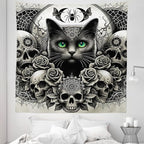 Ambesonne Gothic Tapestry King Size, Classic Spooky Rose Ornated Skulls and Black Cat with Spider Print, Wall Hanging Bedspread Bed Cover Wall Decor, 88" X 88", Dark Grey Green and Eggshell