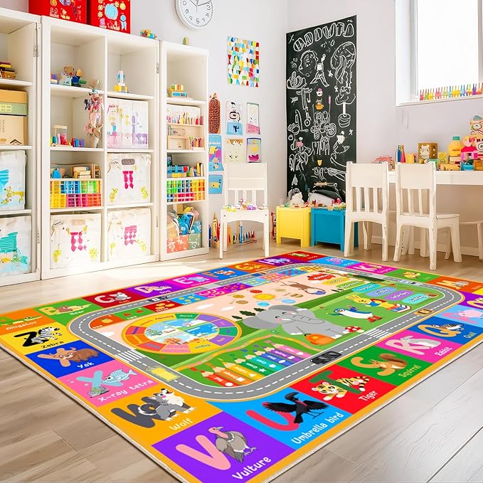 Kids Rugs for Classroom 8' x 10', Kids Educational Area Rugs for Learning ABC Alphabet, Numbers, Colors, Animal Words and Season, Washable Kid Room Rug Play Mat for Playroom Bedroom