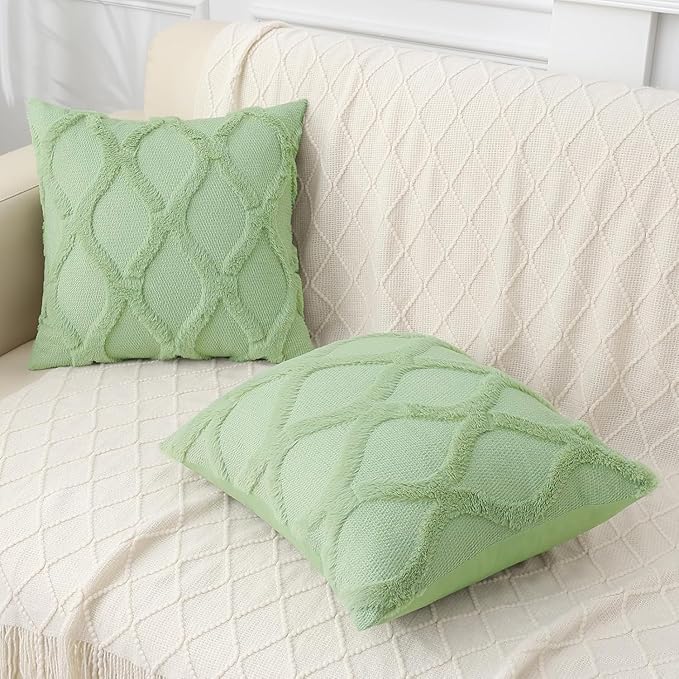 decorUhome Spring Throw Pillow Covers 16x16 Inch Set of 2, Soft Plush Faux Fur Wool Sage Green Couch Pillow Covers, Decorative Neutral Pillow Cases for Bed Sofa Living Room Home Decor