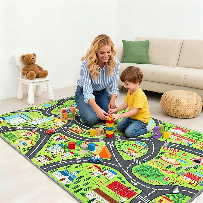 Community Helpers Play Rug – Educational Kids Carpets with Fire Station, School, Park & More for Learning and Play, Car Rug for Playroom Classroom Bedroom Nursery, 60"x36"