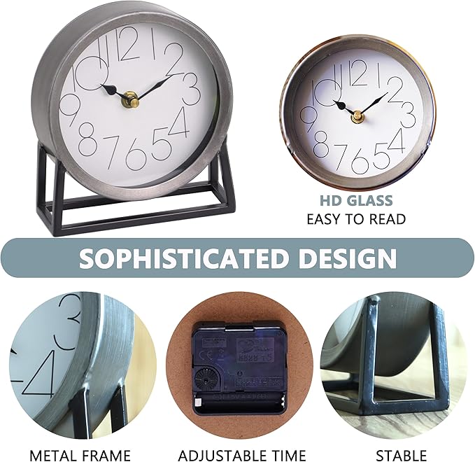 Modern Silvery Table Clock on Stand – Decorative Desk & Shelf Mantel, Farmhouse Non-Ticking, Home Décor for Living Room, Bedroom, Bedside, Office – Elegant Gift (Silvery)