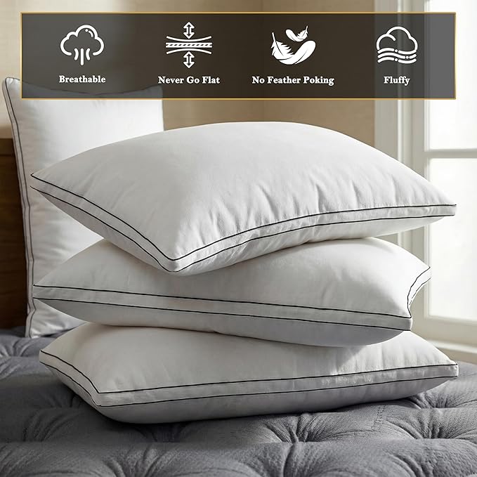 Feather Pillows Queen Size Set of 2 Goose Down Pillows with 100% Breathable Cotton Cover, Hotel Collection Bed Pillows for Sleeping, Soft Support for Back, Stomach and Side Sleepers
