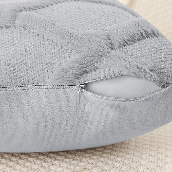 decorUhome Spring Throw Pillow Covers 12x20 Inch Set of 2, Soft Plush Faux Fur Wool Lumbar Grey Couch Pillow Covers, Decorative Neutral Pillow Cases for Bed Sofa Living Room Home Decor