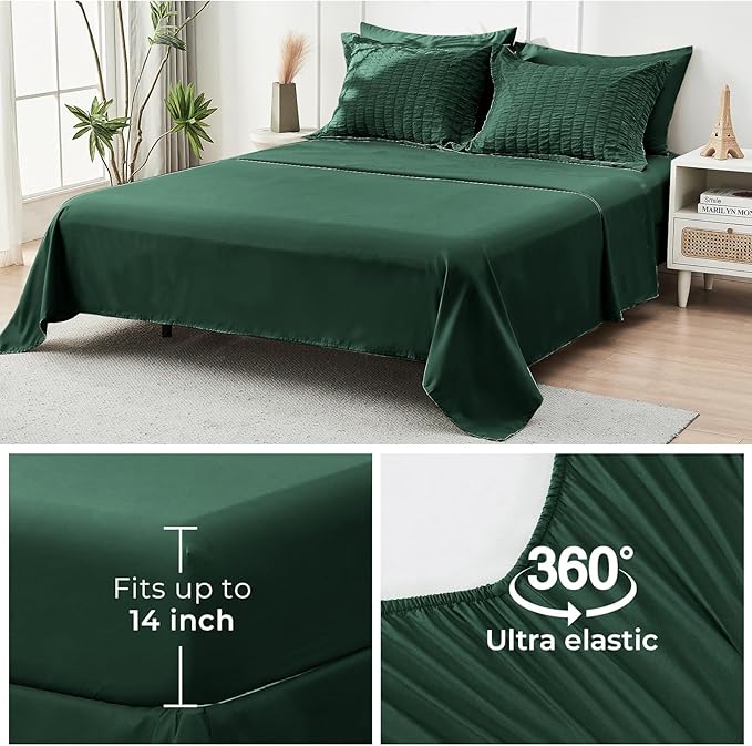 HYMOKEGE Emerald Green California King Comforter Set Seersucker 7 Pieces, All Season Luxury Bed in a Bag for Bedroom, Bedding Set with Comforter, Sheets, Pillowcases & Shams