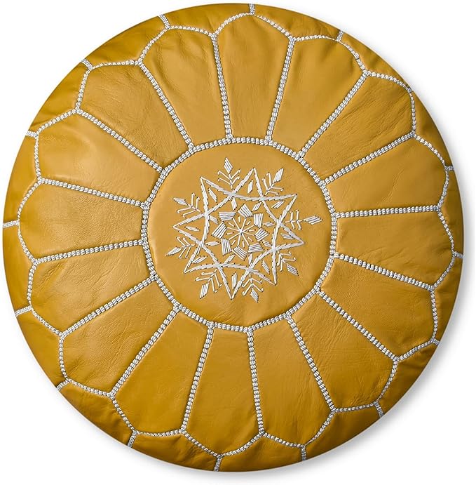 Premium Moroccan Leather Pouf - Handmade - Delivered Stuffed - Ottoman, Footstool, Floor Cushion (Yellow)