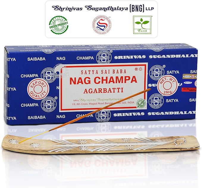 Satya Nag Champa Incense Sticks Bangalore- 250gm Bundle Natural Hand Rolled Non-Toxic Nagchampa BNG Insense Set with Raajsee Insence Stick Holder for Meditation, Yoga, Aromatherapy & Joss Sticks