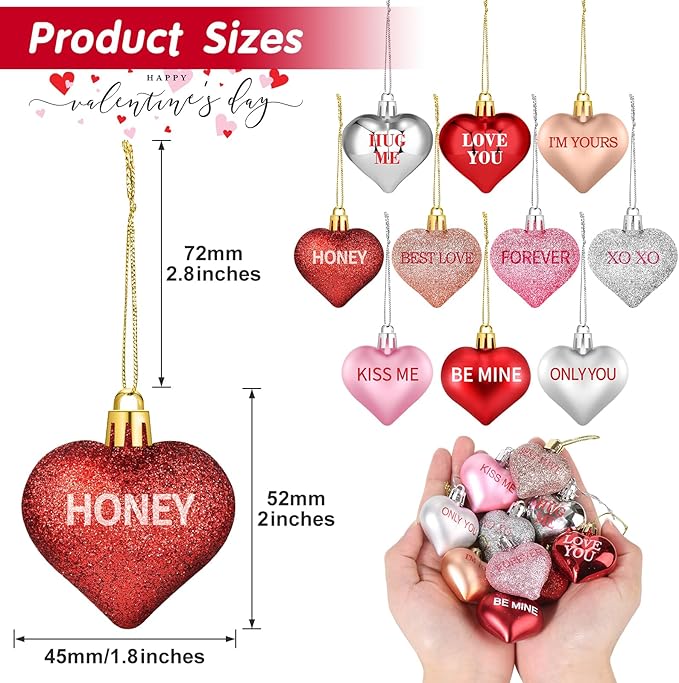 30Pcs Valentine's Day Heart Shaped Ornaments with Sweet Love Words, 10 Styles Valentine Heart Ornaments for Tree, Red Pink Glitter Valentine's Hanging Decorations for Wedding Anniversary