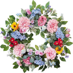 24 Inch Spring Summer Wreaths for Front Door, Spring Summer Door Wreaths, Floral Flowers Wreath with Pink Peony,Rose,Blue Hydrangea,Sunflower,Large Wreaths for Spring Summer Outdoor Home Decor