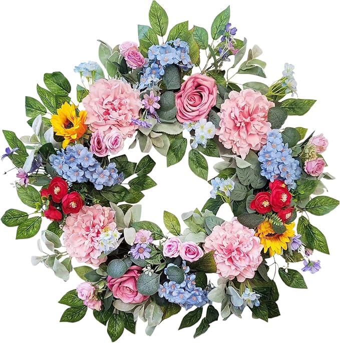 24 Inch Spring Summer Wreaths for Front Door, Spring Summer Door Wreaths, Floral Flowers Wreath with Pink Peony,Rose,Blue Hydrangea,Sunflower,Large Wreaths for Spring Summer Outdoor Home Decor