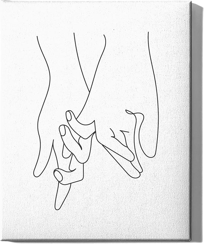 Holding Hands Wrapped Canvas Wall Art Interlocking Fingers Continuous Line Drawing Love 8x10 Inch Gallery Stretched Modern Home Art Decor