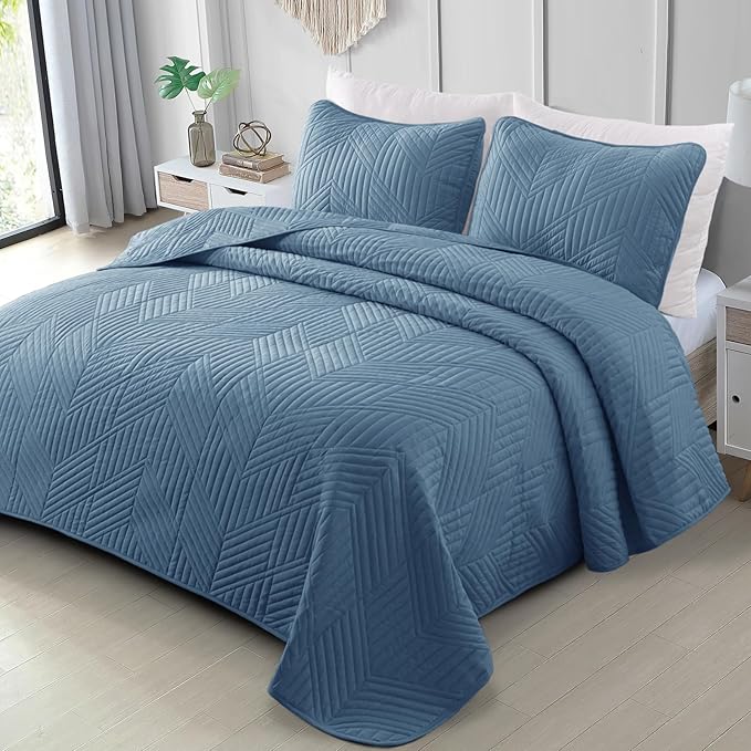 Exclusivo Mezcla Ultrasonic Twin Quilt Bedding Set, Lightweight Grayish Blue Bedspreads Soft Modern Geometric Coverlet Set for All Seasons (1 Quilt and 1 Pillow Sham)