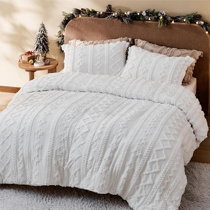 Bedsure Boho Duvet Cover Queen Size, Soft & Comfortable Elegant Design Boho Bedding for Decoration, Machine Washable Comforter Cover for All Seasons,Includes 1 Duvet Cover & 2 Pillow Shams,White