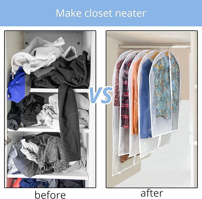 Clear Garment Bag Suit Bags for Closet Storage, Vinyl Garment Bags for Hanging Clothes, Coat Covers for Closet with Zipper and Plastic Garment Bags for Hanging Clothes - 24'' X 40''/6 Pack