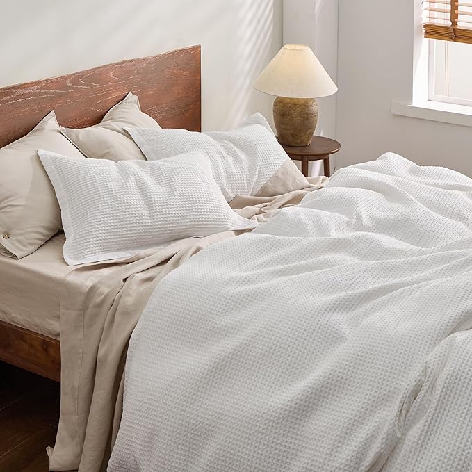 Bedsure Cotton Duvet Cover Queen - 100% Cotton Waffle Weave Milk White Duvet Cover Queen Size, GentleSoft™ and Breathable Bedding Set for All Season, 3 Pieces, 90"x90"
