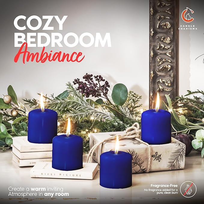 Candle Charisma Blue Unscented Votive Candles - 15 Hour Burn time - Set of 36 for Dinner, Wedding, Halloween and Holiday Decorations