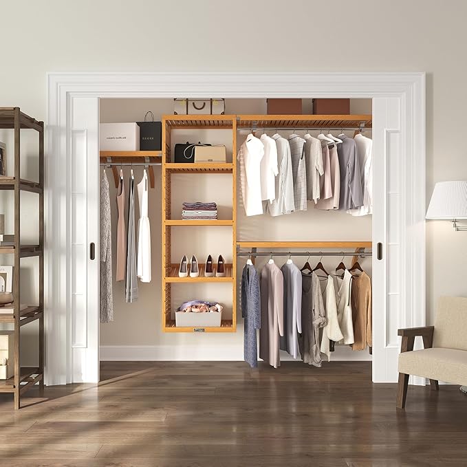 John Louis Home Solid Wood Walk-In Closet Organizer - 100% Real Wood Cut-to-Fit System with Adjustable Shelves, Metal Garment Bars & Ventilated Design for Custom Storage (Honey Maple)