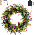 Solar Spring Wreath for Front Door Pre-lit Wreath 16inch 30LED Wreaths Spring Summer Decor for Outside Aftificial Spring Bloom Wreaths Colorful Home Decorations Wall Festival Decor