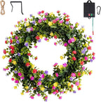 Solar Spring Wreath for Front Door Pre-lit Wreath 16inch 30LED Wreaths Spring Summer Decor for Outside Aftificial Spring Bloom Wreaths Colorful Home Decorations Wall Festival Decor