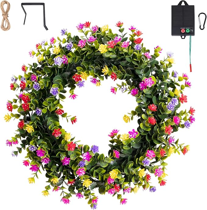 Solar Spring Wreath for Front Door Pre-lit Wreath 16inch 30LED Wreaths Spring Summer Decor for Outside Aftificial Spring Bloom Wreaths Colorful Home Decorations Wall Festival Decor