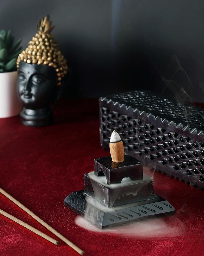 Handmade Soapstone Incense Stick Tower Holder | Marble Incense Stick Tower Burner | Aromatherapy Spa Fragrance Accessory for Home & Office Décor (11 x 3 Inches) (Black)